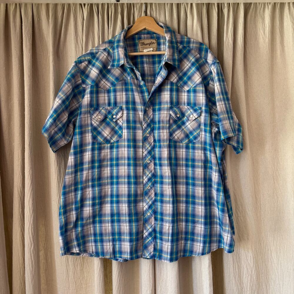 Wrangler Western Snap Shirt Men's 2XL Big Blue Plaid Short Sleeve